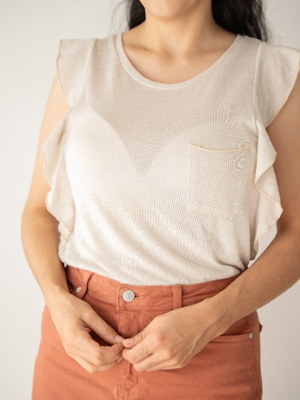 Made in USA Cream Ruffle Sleeve Blouse Pocket Top Minimalist Neutral Shirt